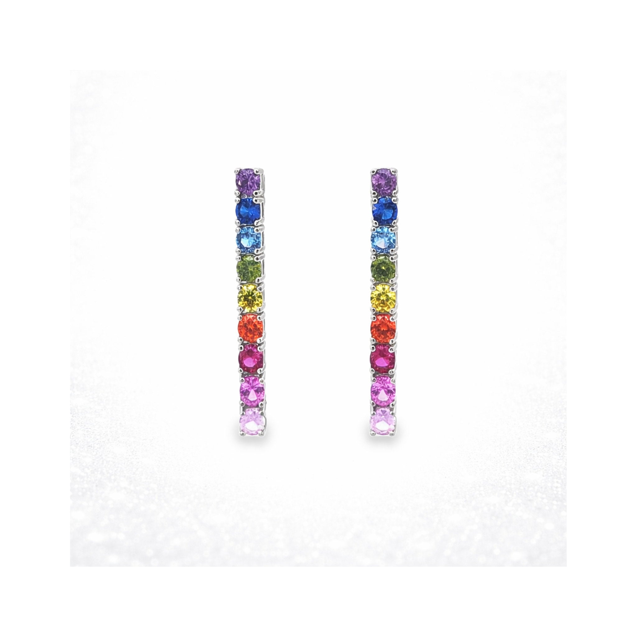 925 Sterling Silver Multi-Colored Round Brilliant Gemstones Linear Drop Earrings