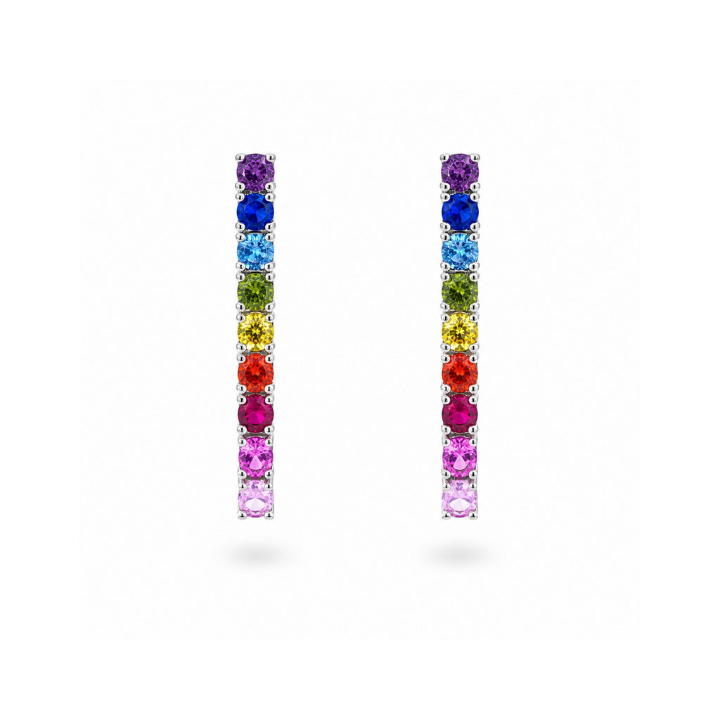 925 Sterling Silver Multi-Colored Round Brilliant Gemstones Linear Drop Earrings