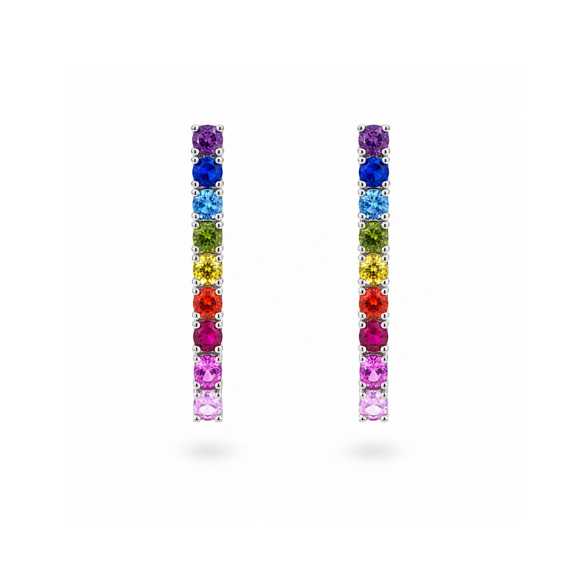925 Sterling Silver Multi-Colored Round Brilliant Gemstones Linear Drop Earrings