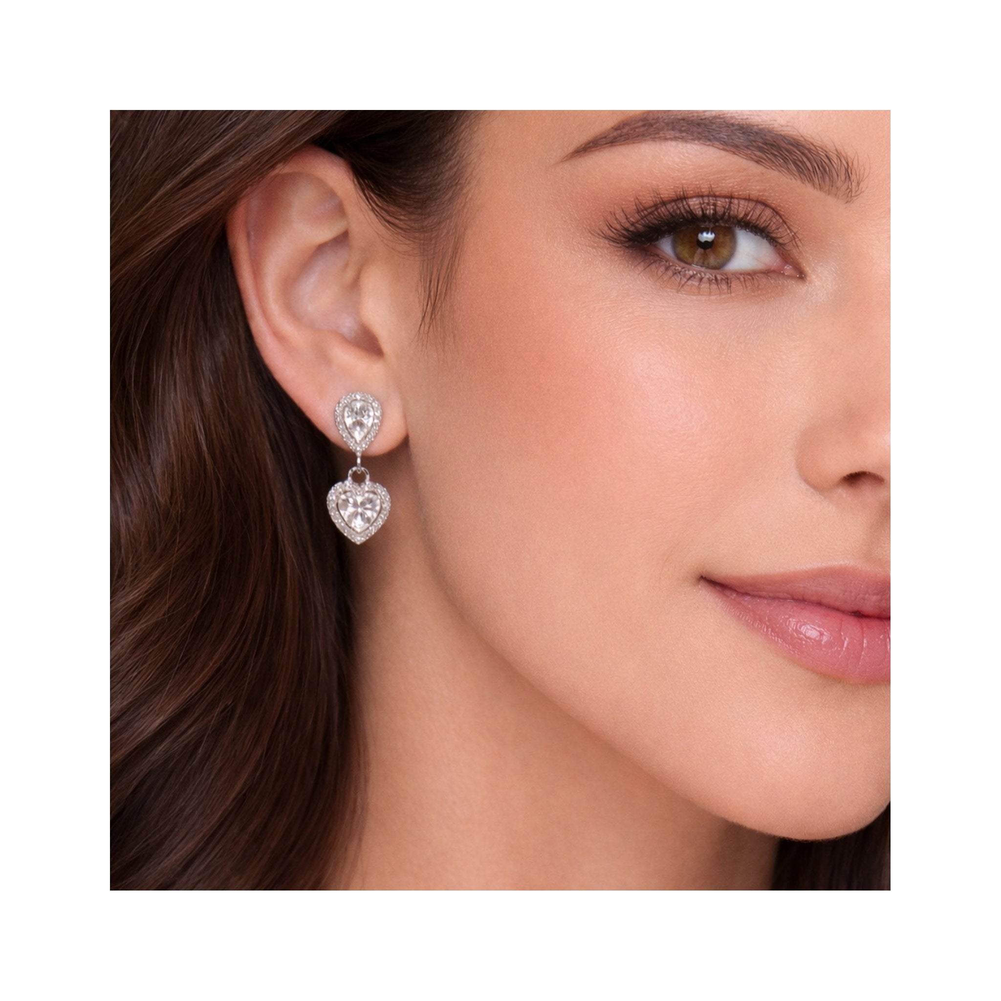 925 Sterling Silver Heart and Pear-Shaped Zircon Halo Drop Earrings