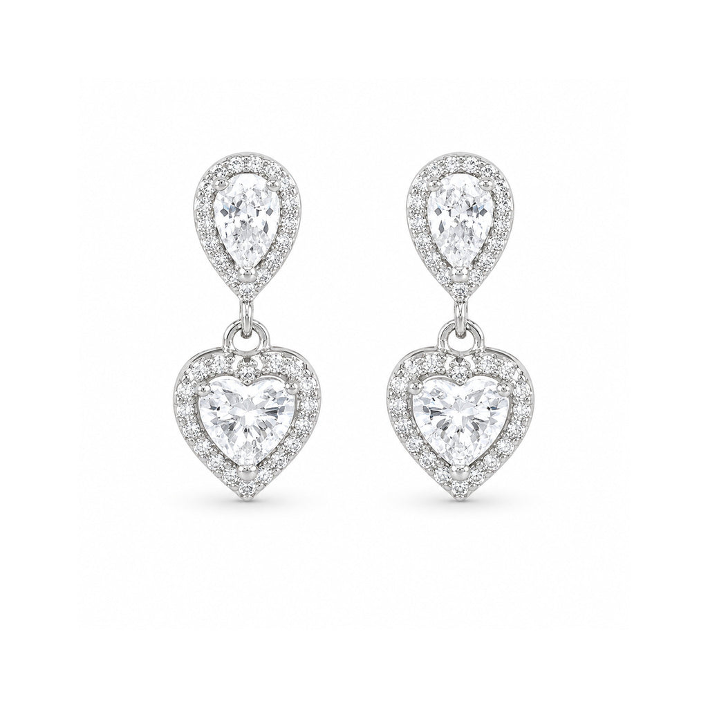 925 Sterling Silver Heart and Pear-Shaped Zircon Halo Drop Earrings