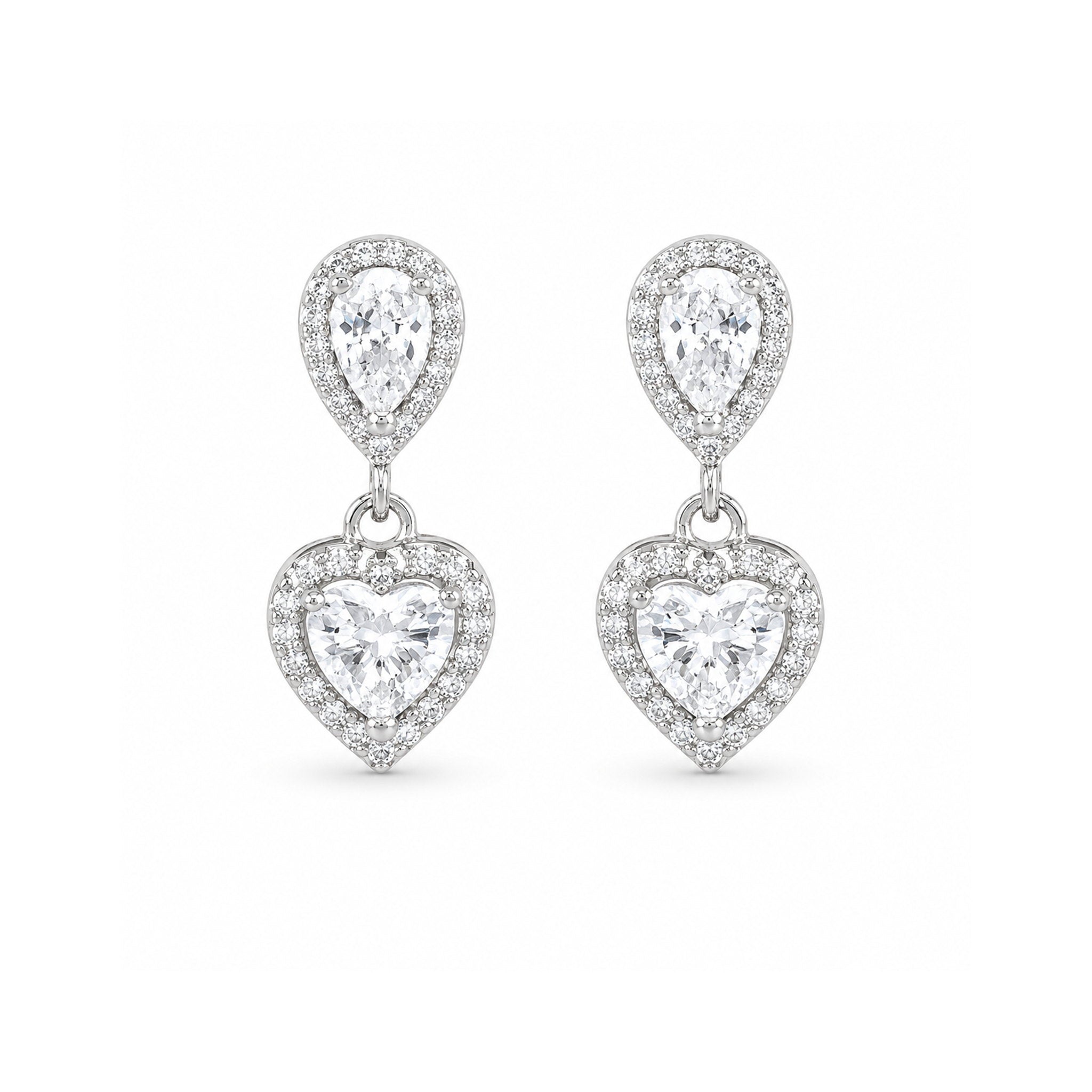 925 Sterling Silver Heart and Pear-Shaped Zircon Halo Drop Earrings