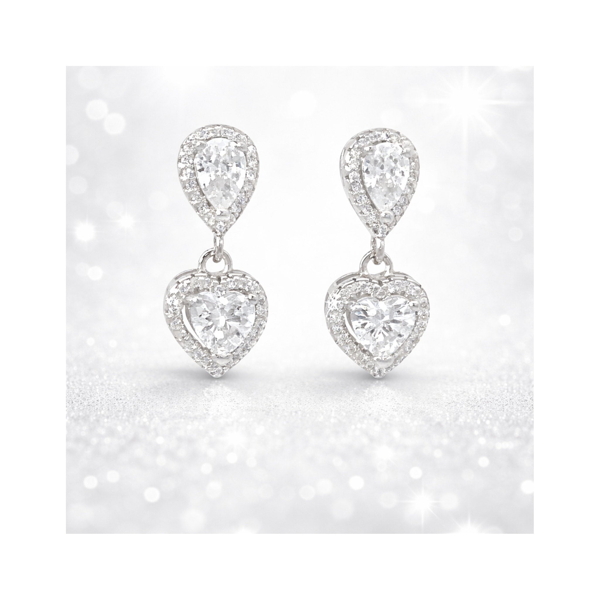 925 Sterling Silver Heart and Pear-Shaped Zircon Halo Drop Earrings