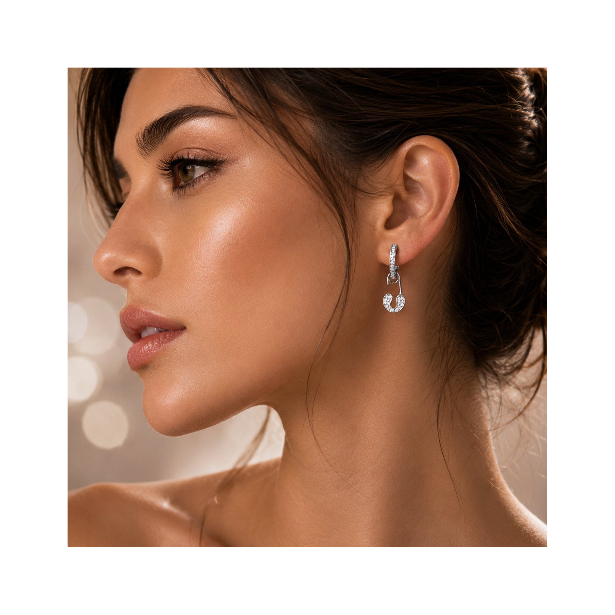 925 White Silver Zircon-Set  Safety Pin Drop Earrings