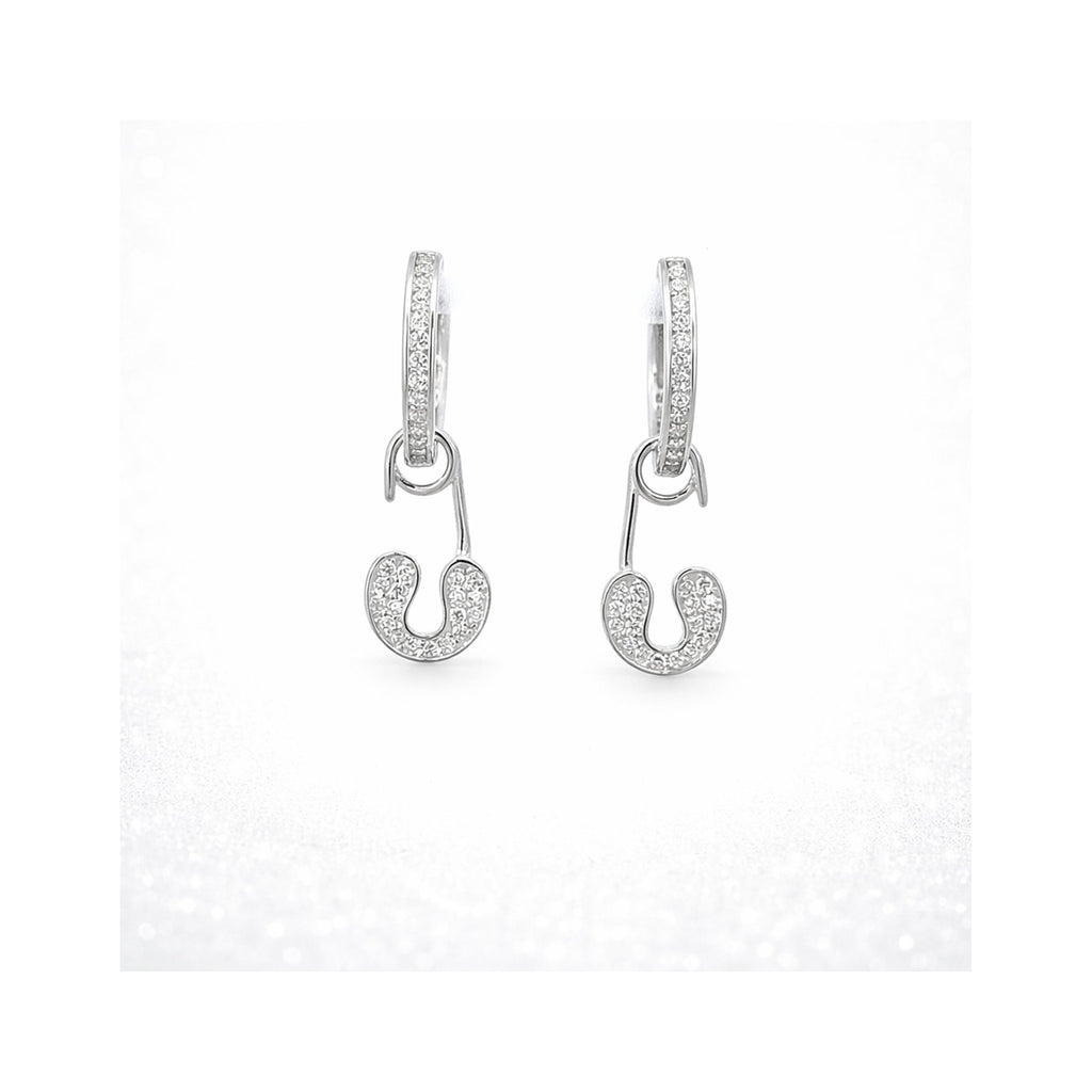 925 White Silver Zircon-Set  Safety Pin Drop Earrings