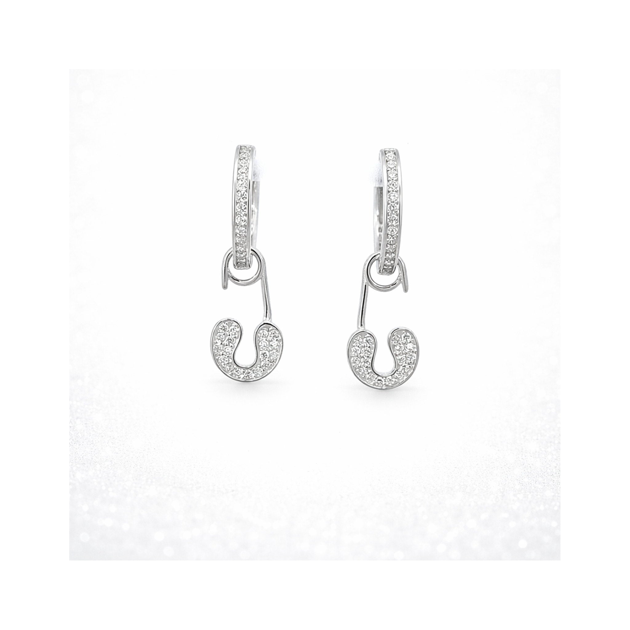 925 White Silver Zircon-Set  Safety Pin Drop Earrings