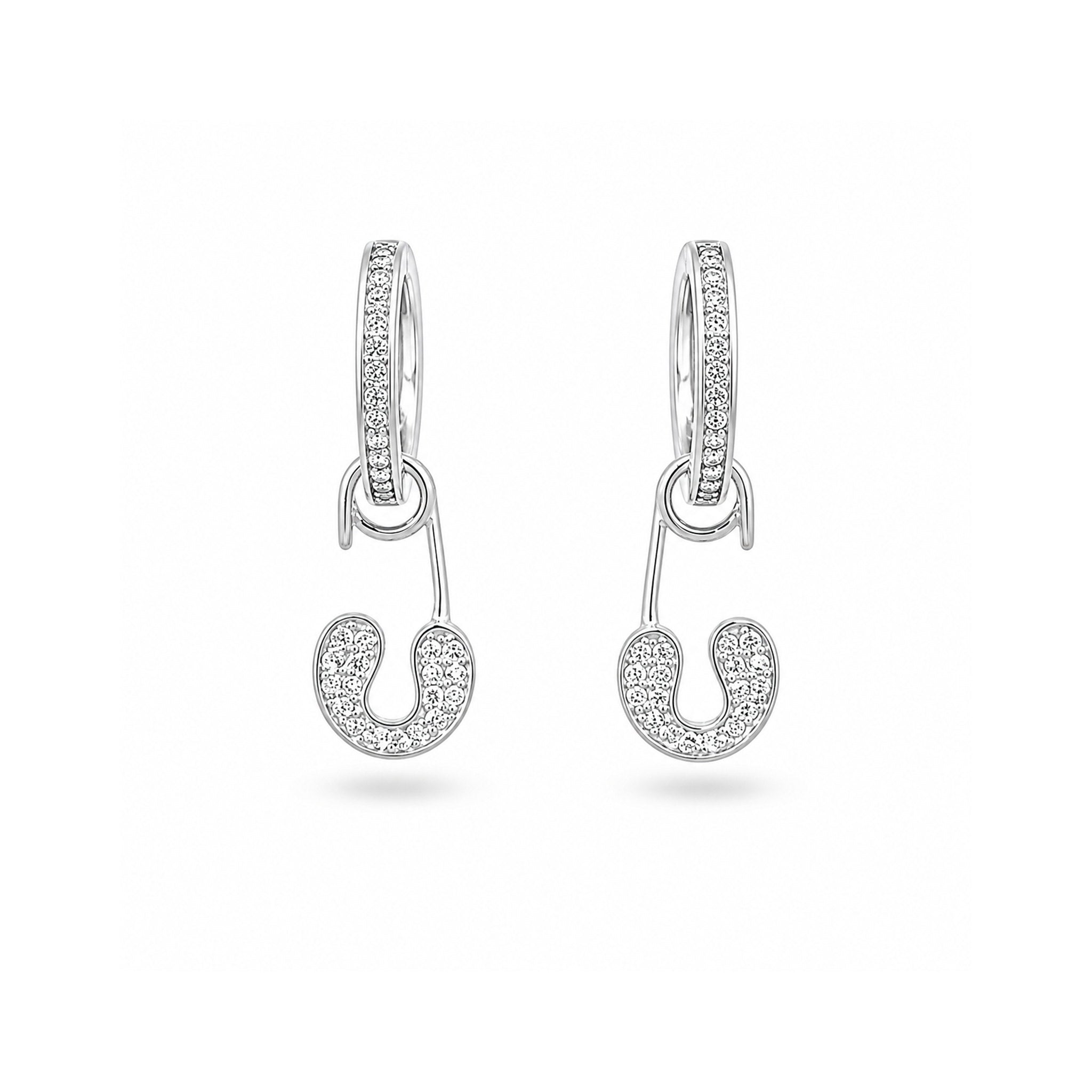 925 White Silver Zircon-Set  Safety Pin Drop Earrings