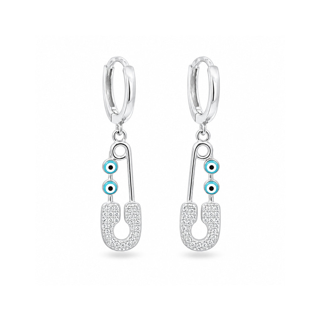 925 Sterling Silver Zircon and Enamel Evil Eye Safety Pin Drop Earrings