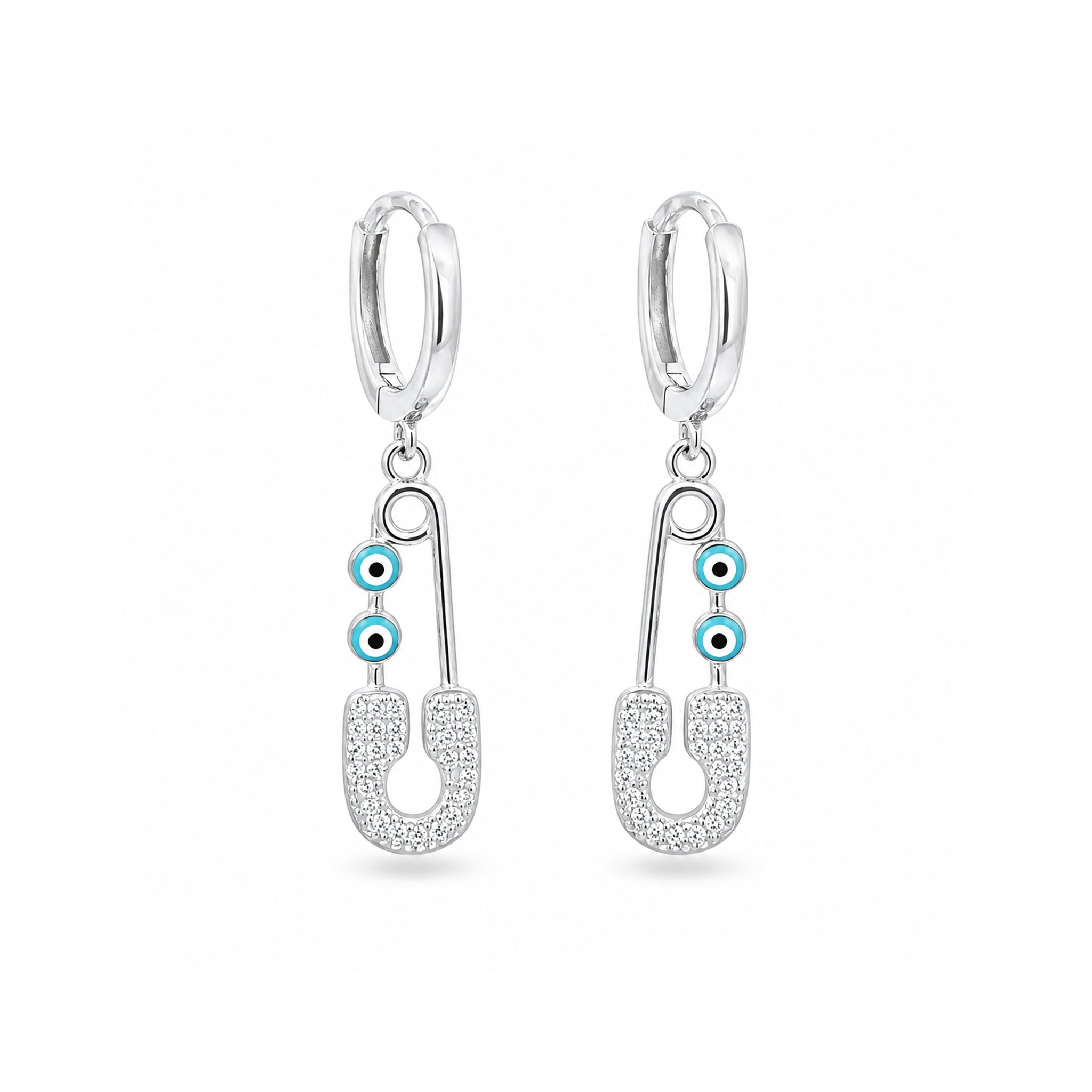 925 Sterling Silver Zircon and Enamel Evil Eye Safety Pin Drop Earrings