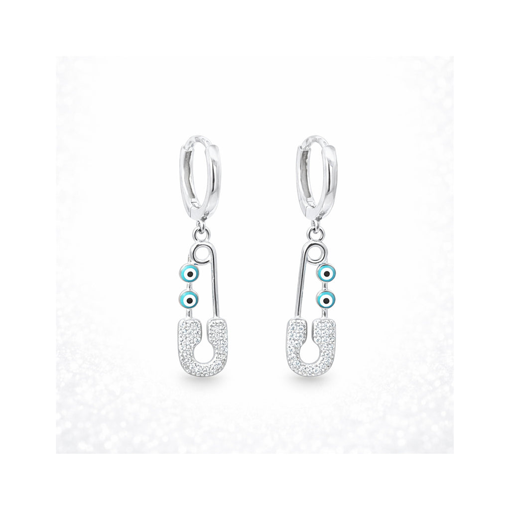 925 Sterling Silver Zircon and Enamel Evil Eye Safety Pin Drop Earrings
