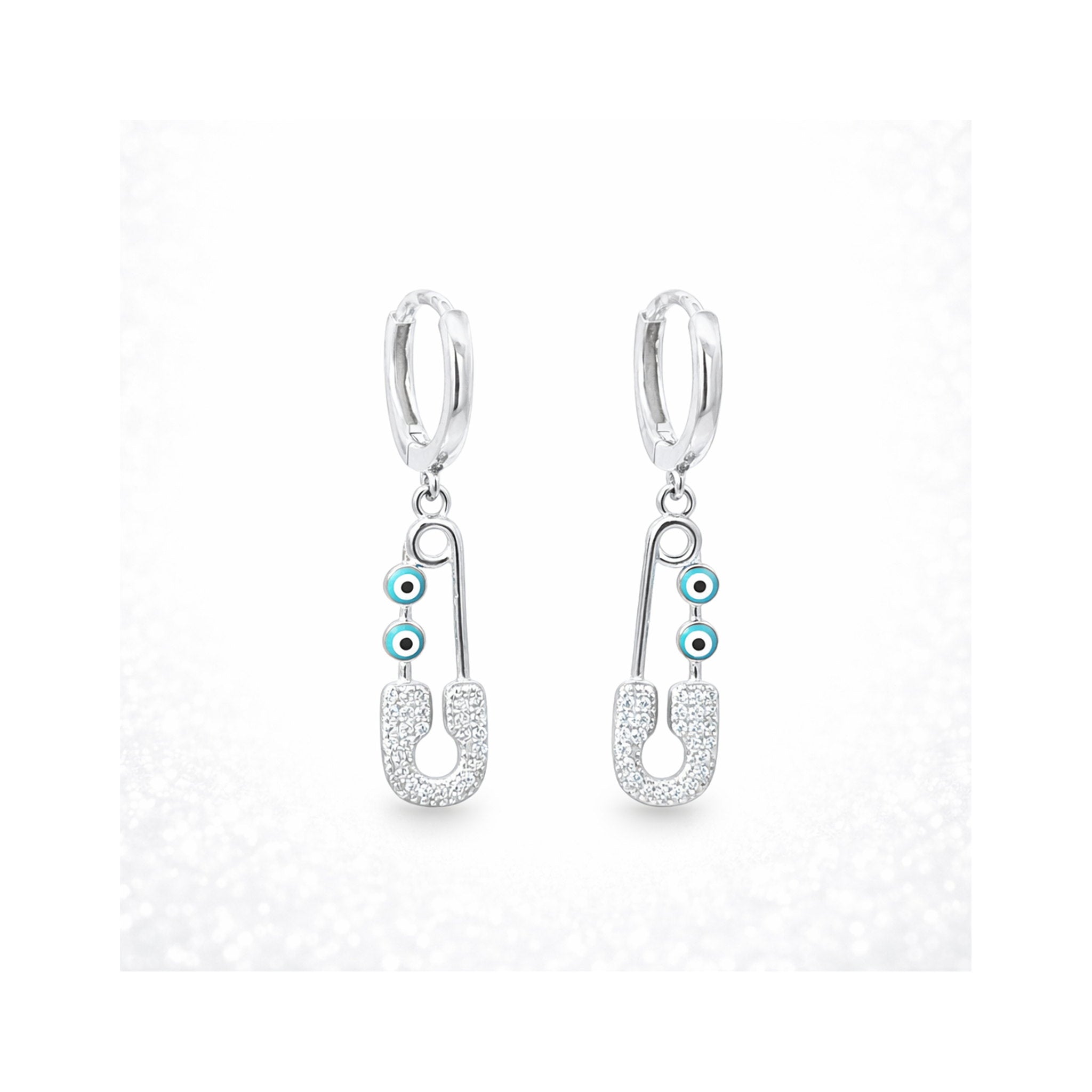 925 Sterling Silver Zircon and Enamel Evil Eye Safety Pin Drop Earrings