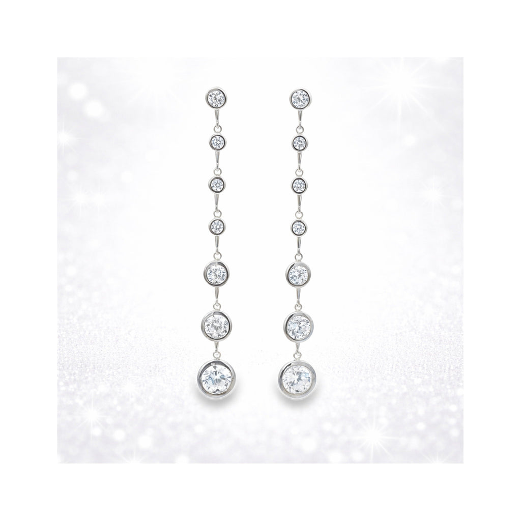 925 Sterling Silver Graduated Round Brilliant Zircon Bezel Set Drop Earrings