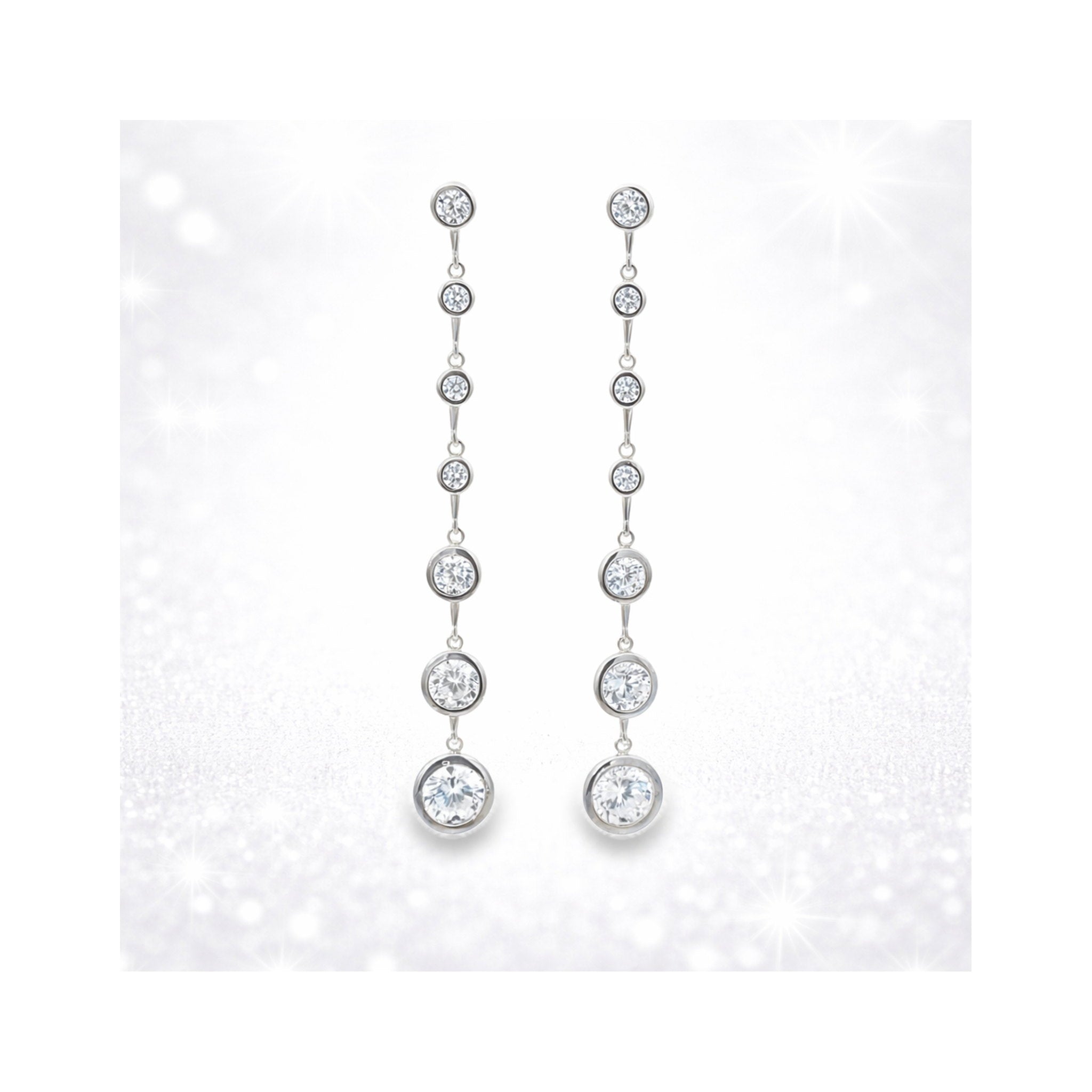 925 Sterling Silver Graduated Round Brilliant Zircon Bezel Set Drop Earrings