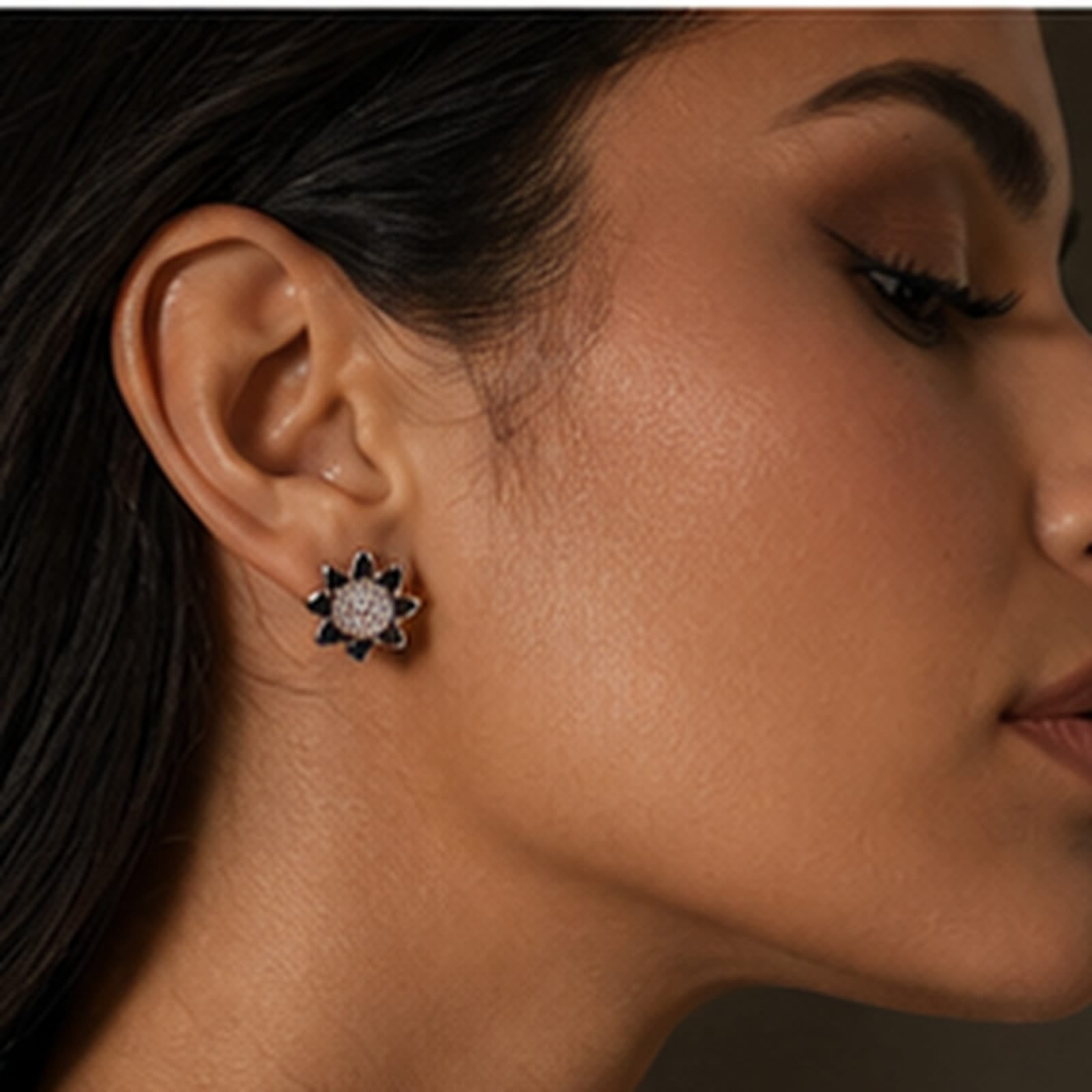 925 Sterling Silver Rose Gold Plated Sunburst Stud Earrings with Black Zircons