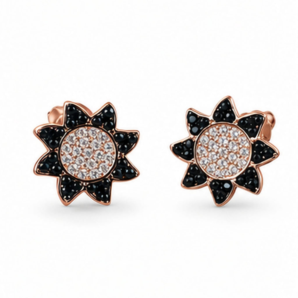 925 Sterling Silver Rose Gold Plated Sunburst Stud Earrings with Black Zircons