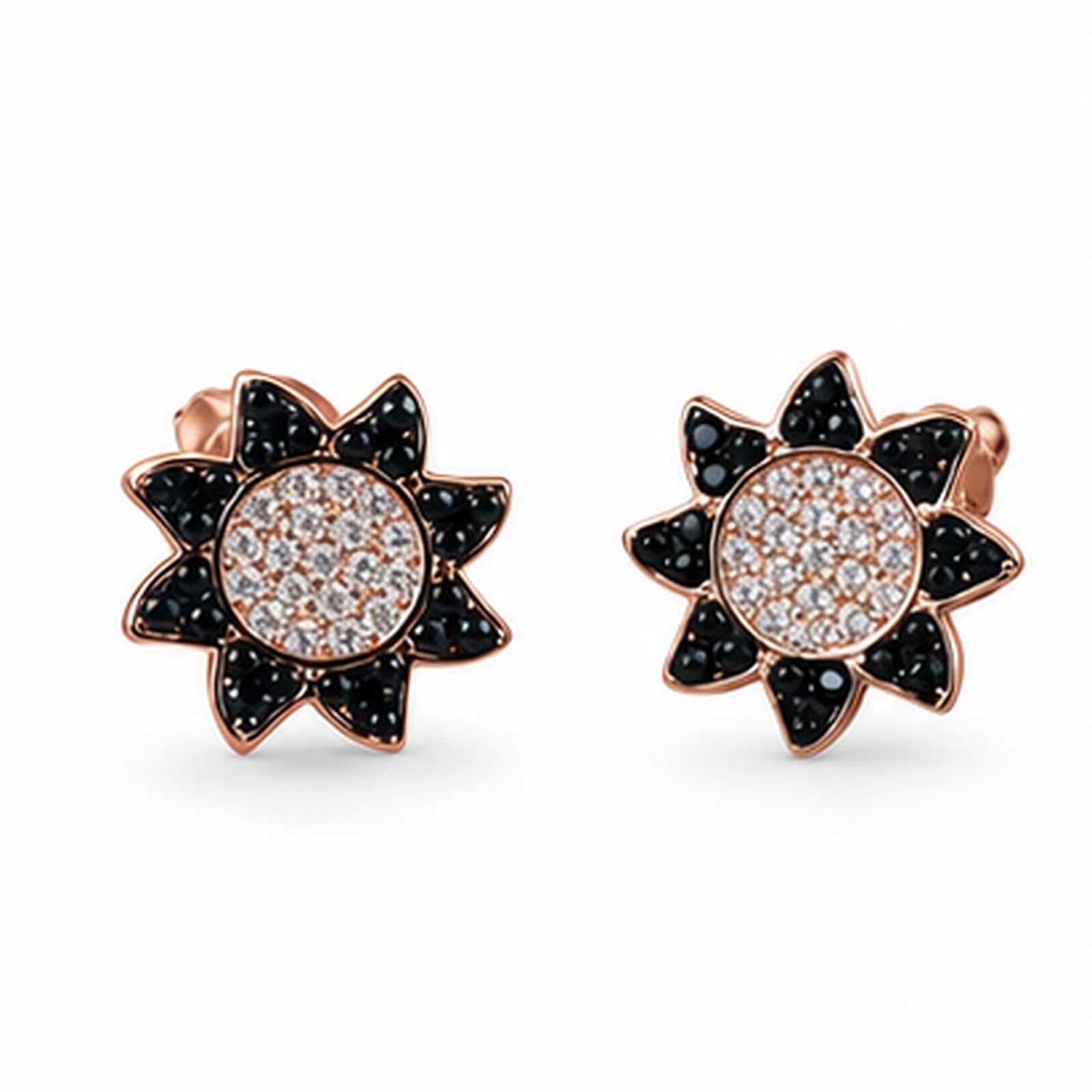 925 Sterling Silver Rose Gold Plated Sunburst Stud Earrings with Black Zircons