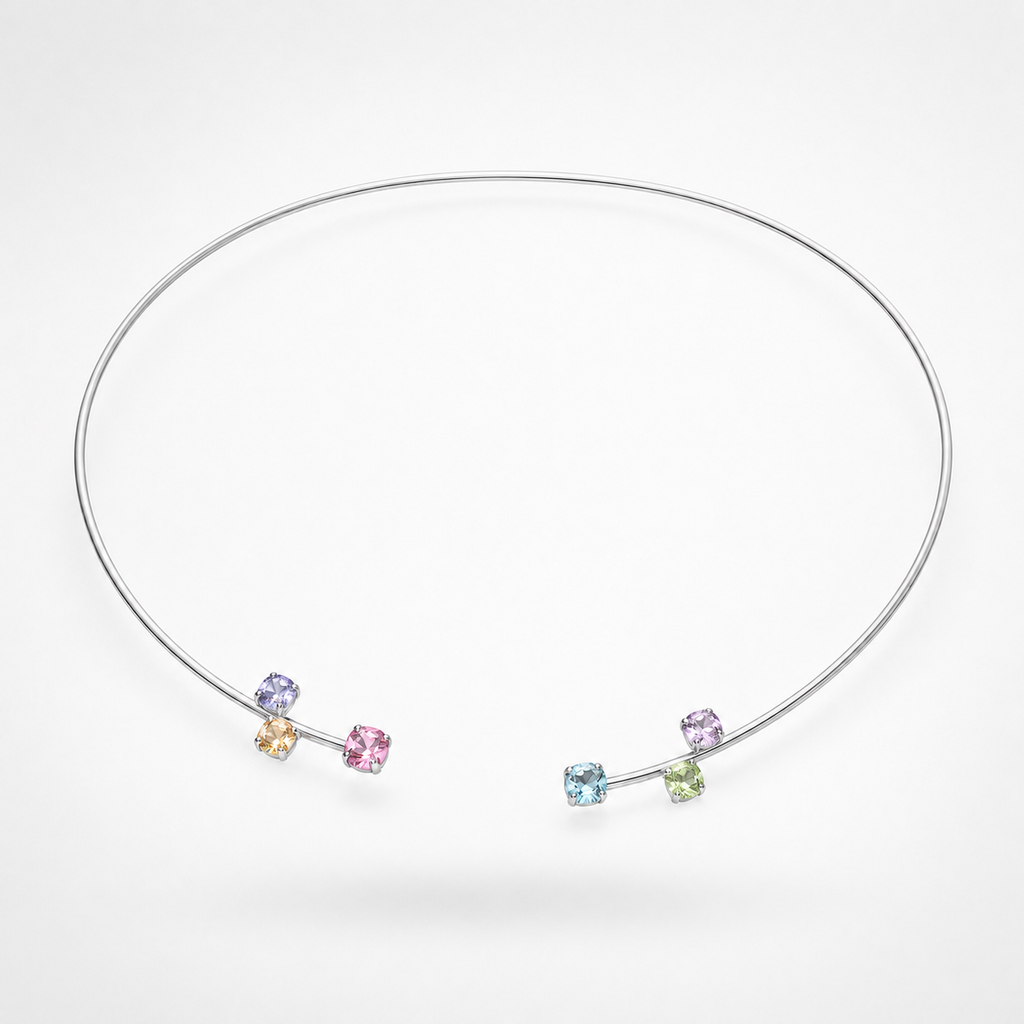 925 sterling Silver Multi-Color Gemstones Open Choker Necklace