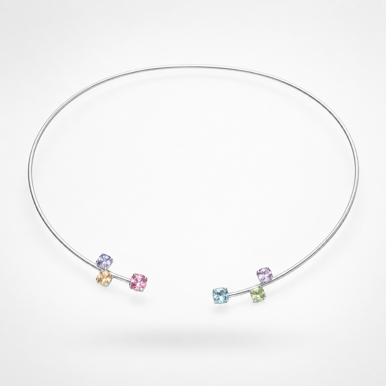 925 sterling Silver Multi-Color Gemstones Open Choker Necklace