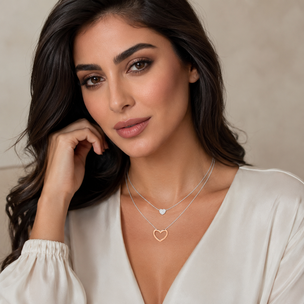 925 Sterling Silver Zircon Layered Heart Pendant Necklace