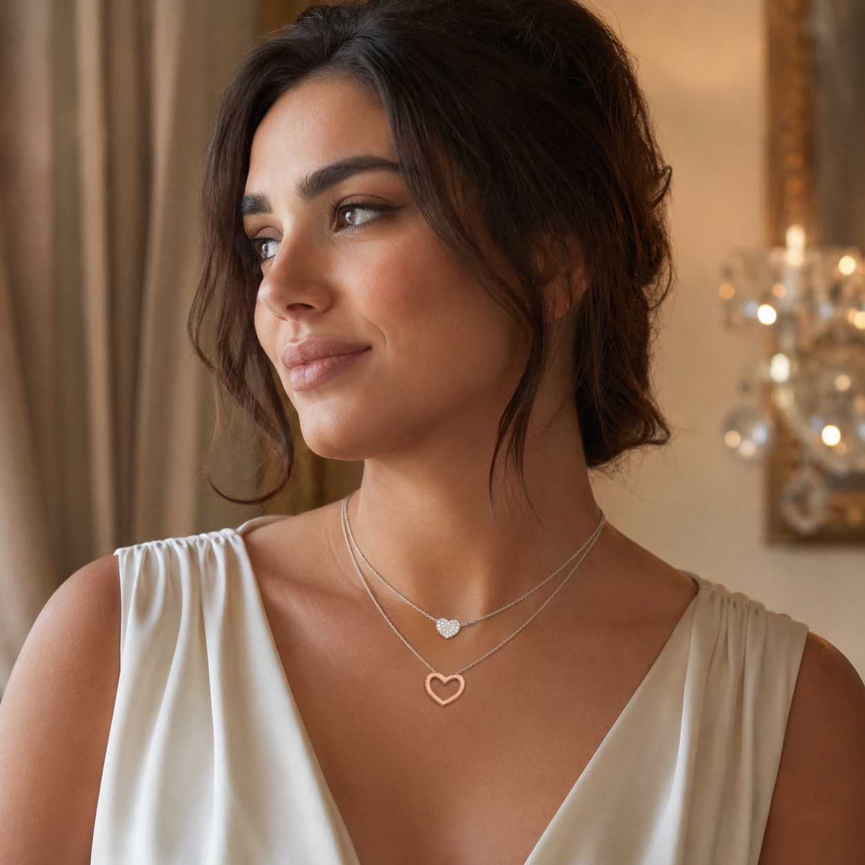 925 Sterling Silver Zircon Layered Heart Pendant Necklace