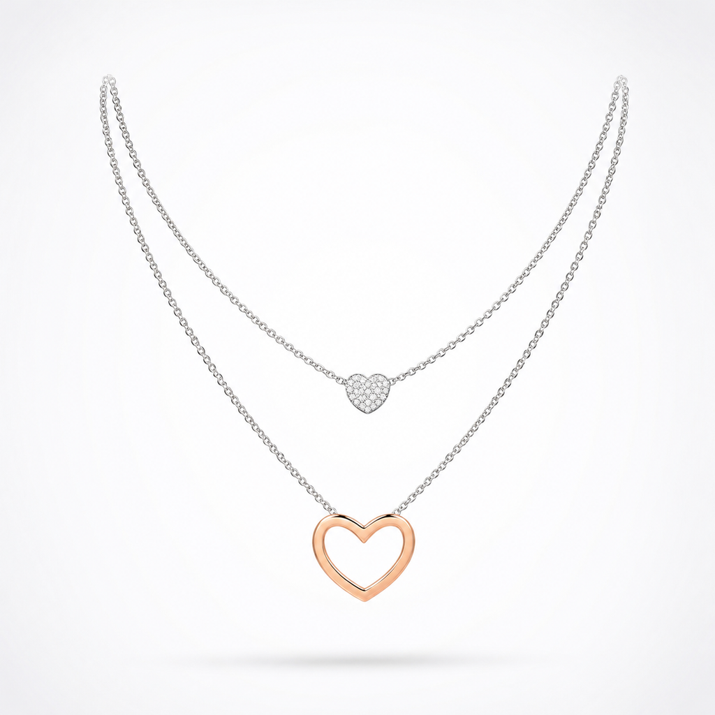 925 Sterling Silver Zircon Layered Heart Pendant Necklace