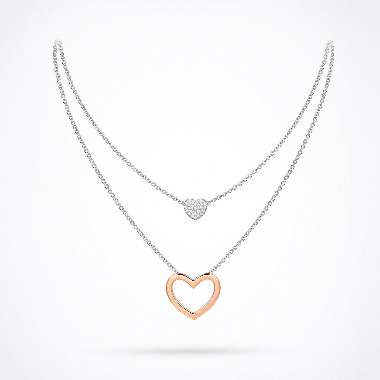 925 Sterling Silver Zircon Layered Heart Pendant Necklace