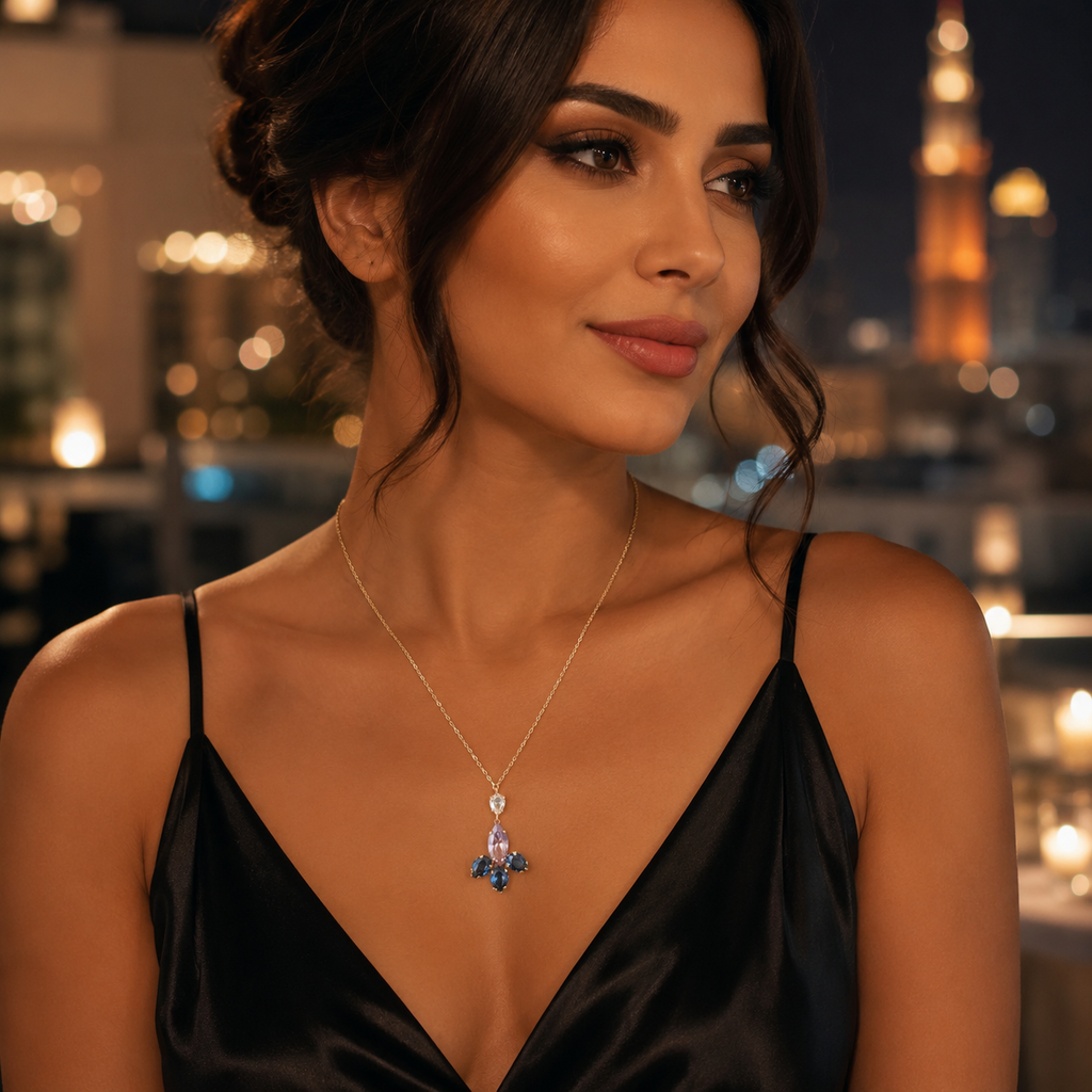 925 Sterling Silver  Gold Plated Multi-Stone Royal Blue Gesmtone  Pendant Necklace