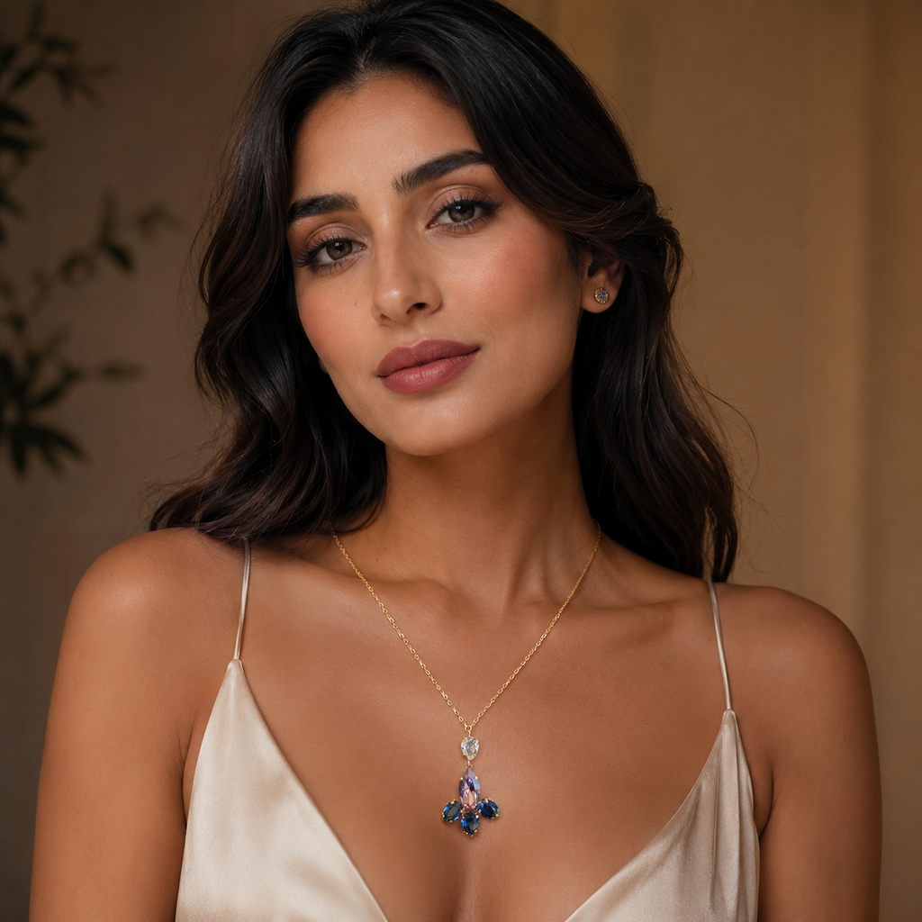 925 Sterling Silver  Gold Plated Multi-Stone Royal Blue Gesmtone  Pendant Necklace
