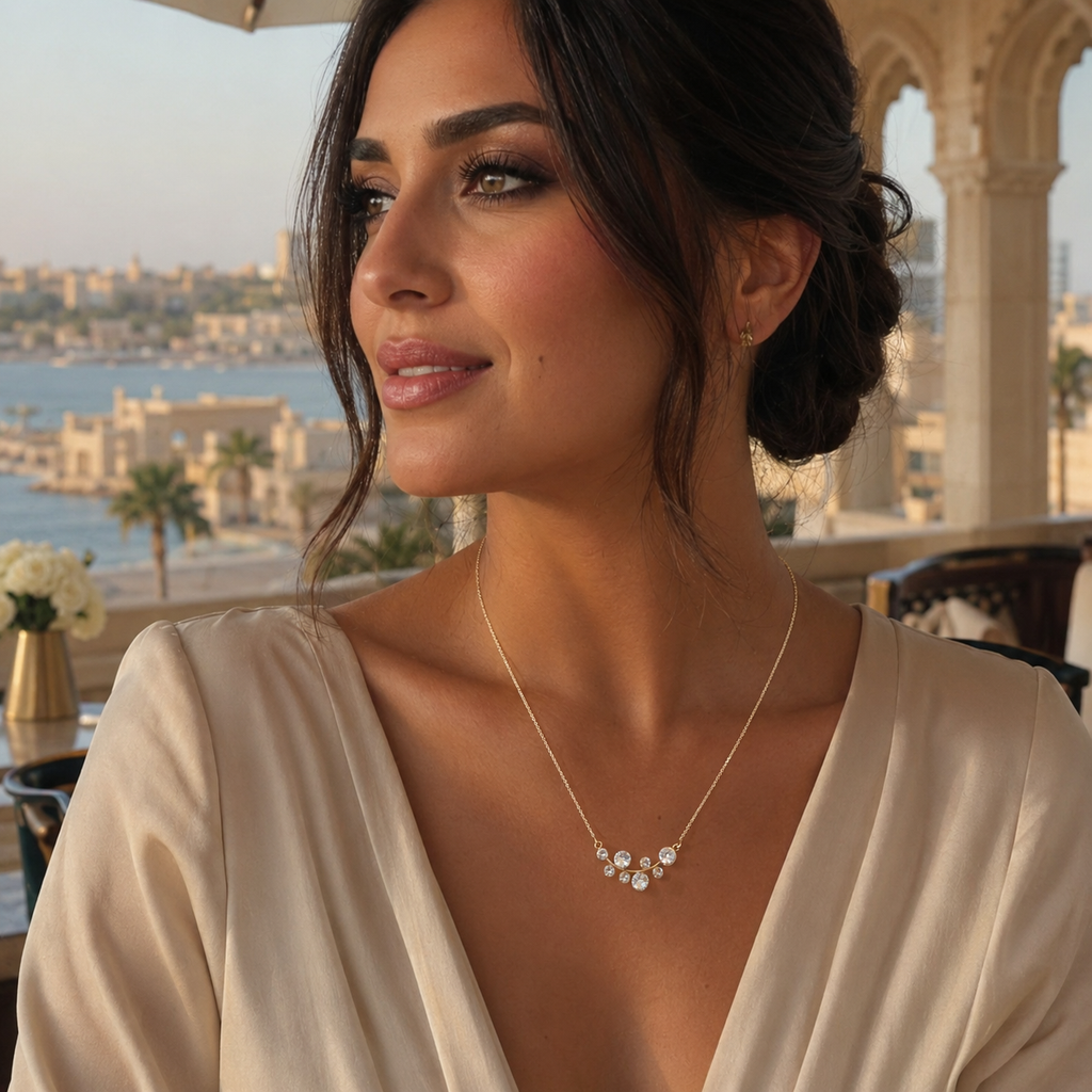 925 Sterling Silver Gold Plated Multi-Crystal Curved Bar Necklace