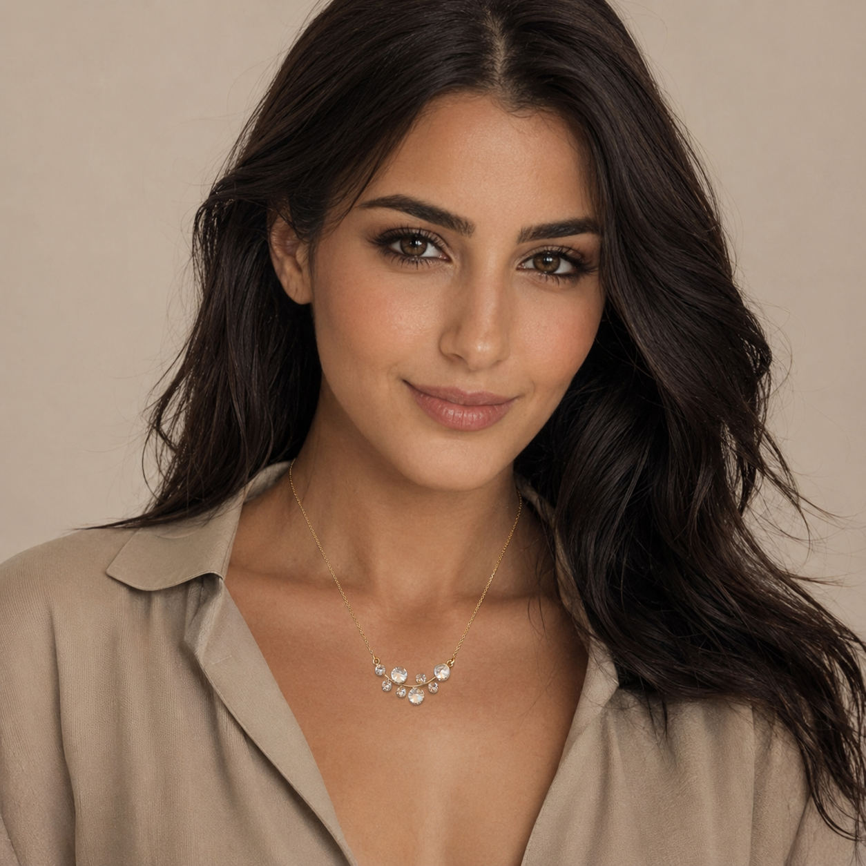 925 Sterling Silver Gold Plated Multi-Crystal Curved Bar Necklace