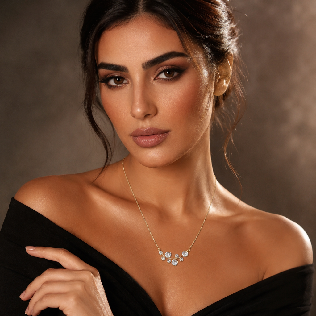 925 Sterling Silver Gold Plated Multi-Crystal Curved Bar Necklace