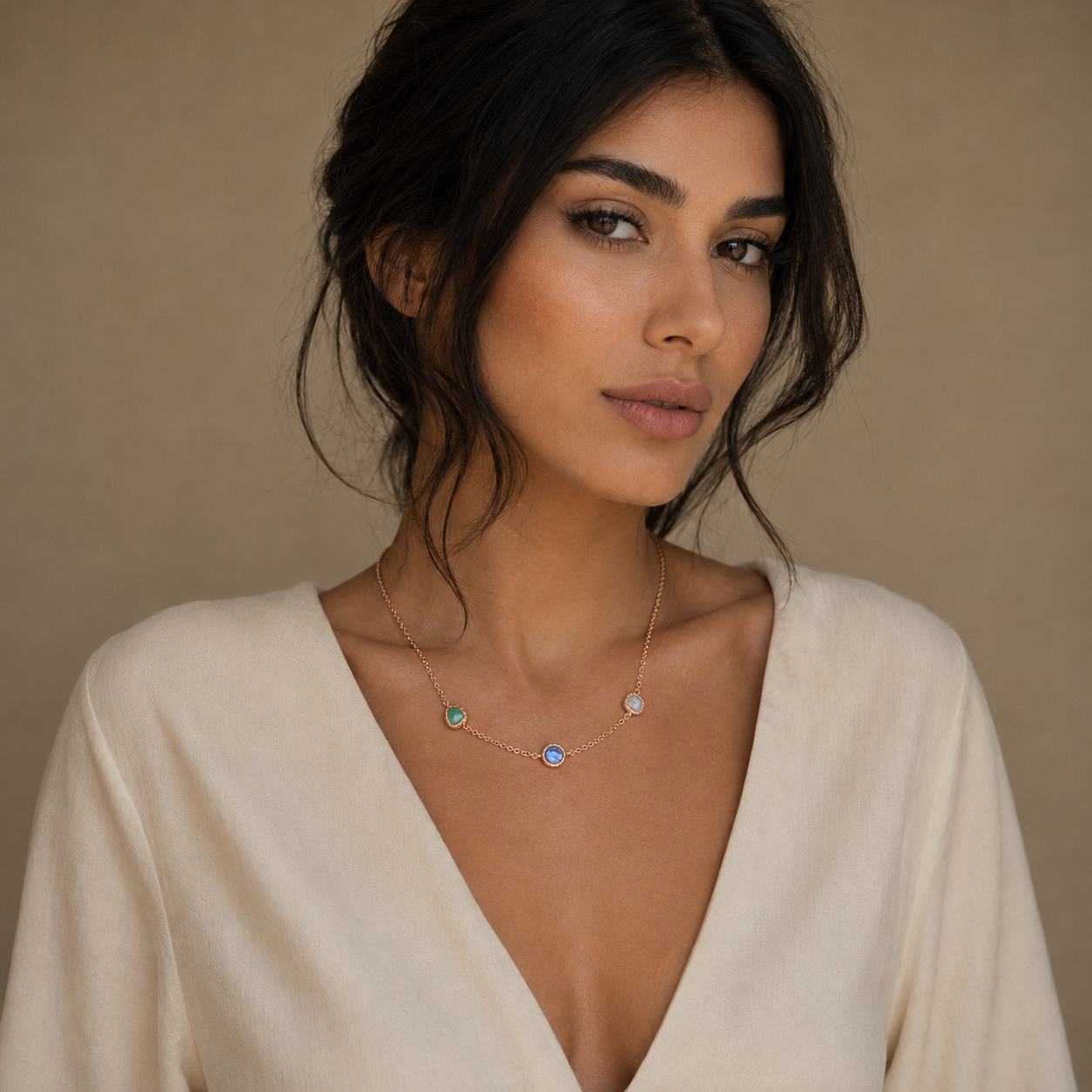 925 Sterling Silver Rose Gold Plated Multi-Stone Station Necklace