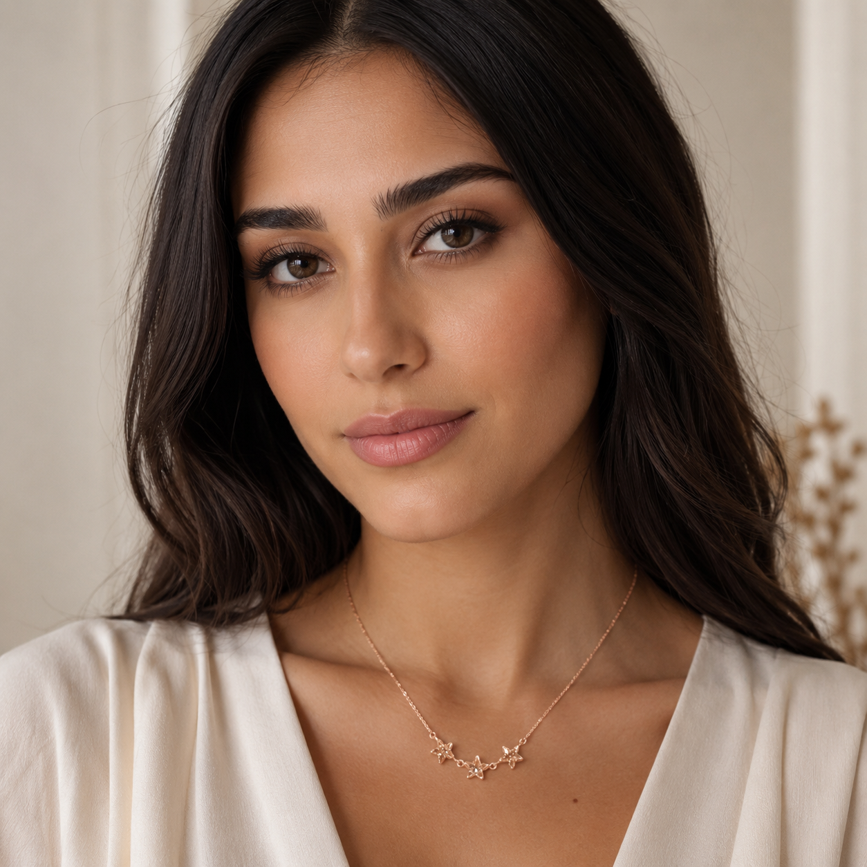 925 Sterling Silver  Rose Gold Plated Triple Star Crystal Charm Necklace