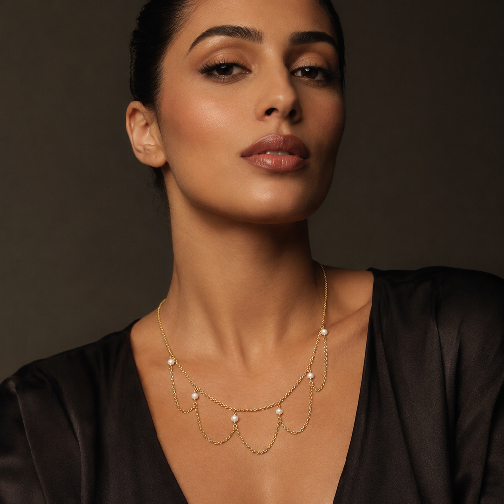 925 sterling Silver Gold Pated Pearl Station Draped Chain Necklace
