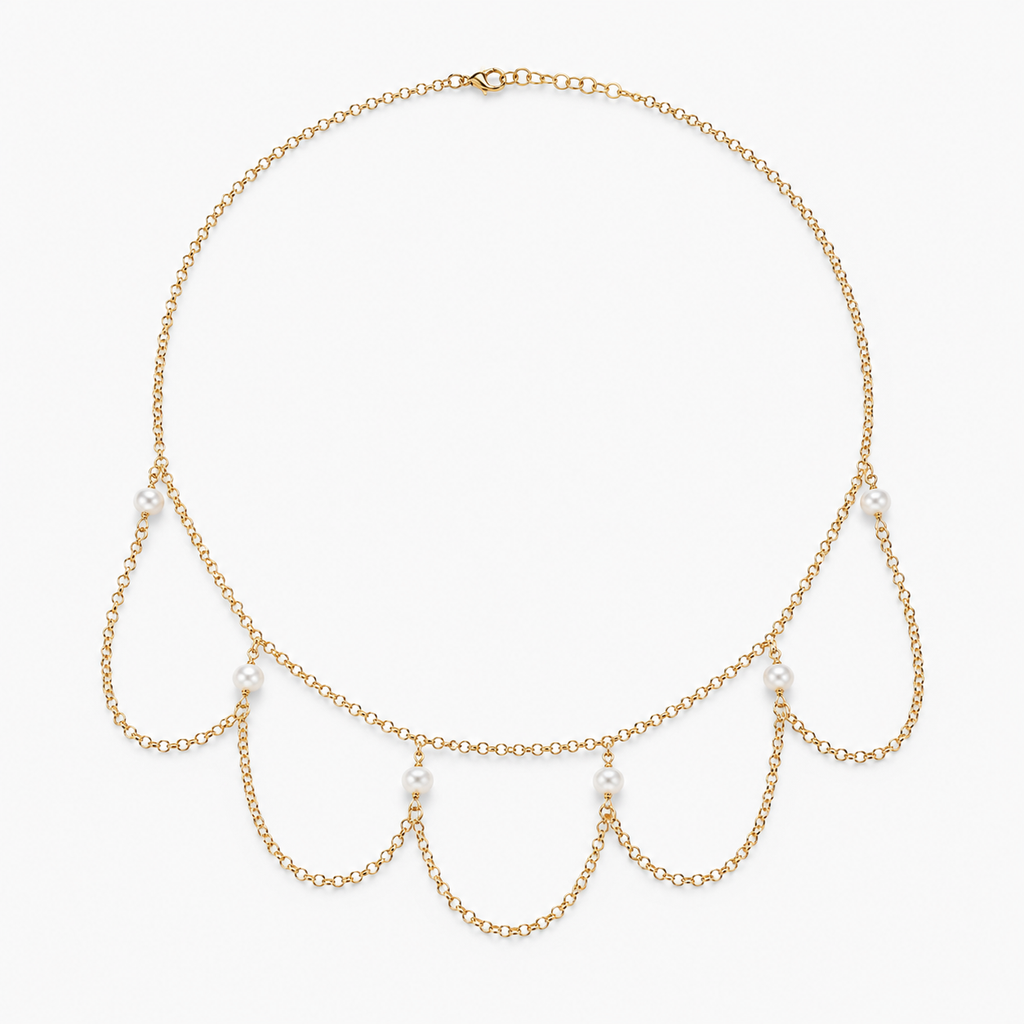 925 sterling Silver Gold Pated Pearl Station Draped Chain Necklace