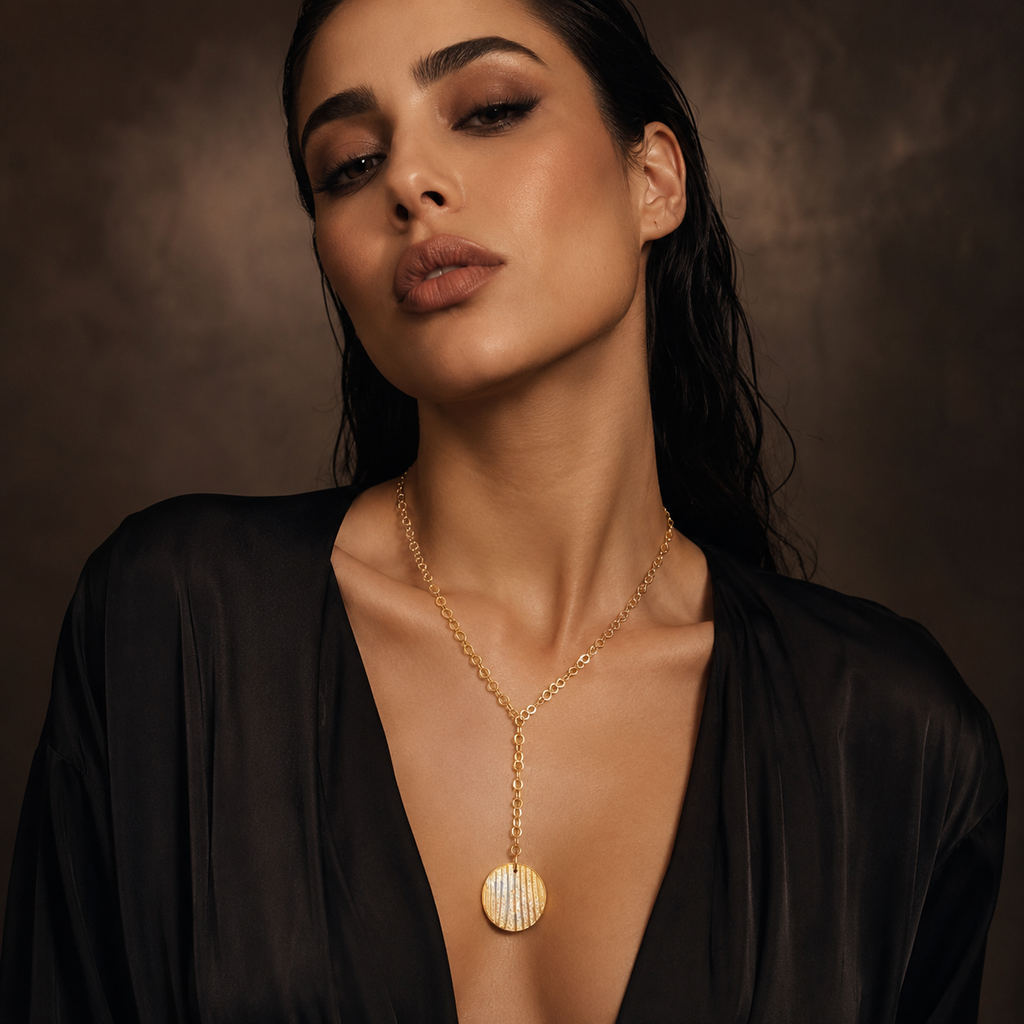 925 Sterling Silver Gold Plated Textured Medallion Y-Necklace