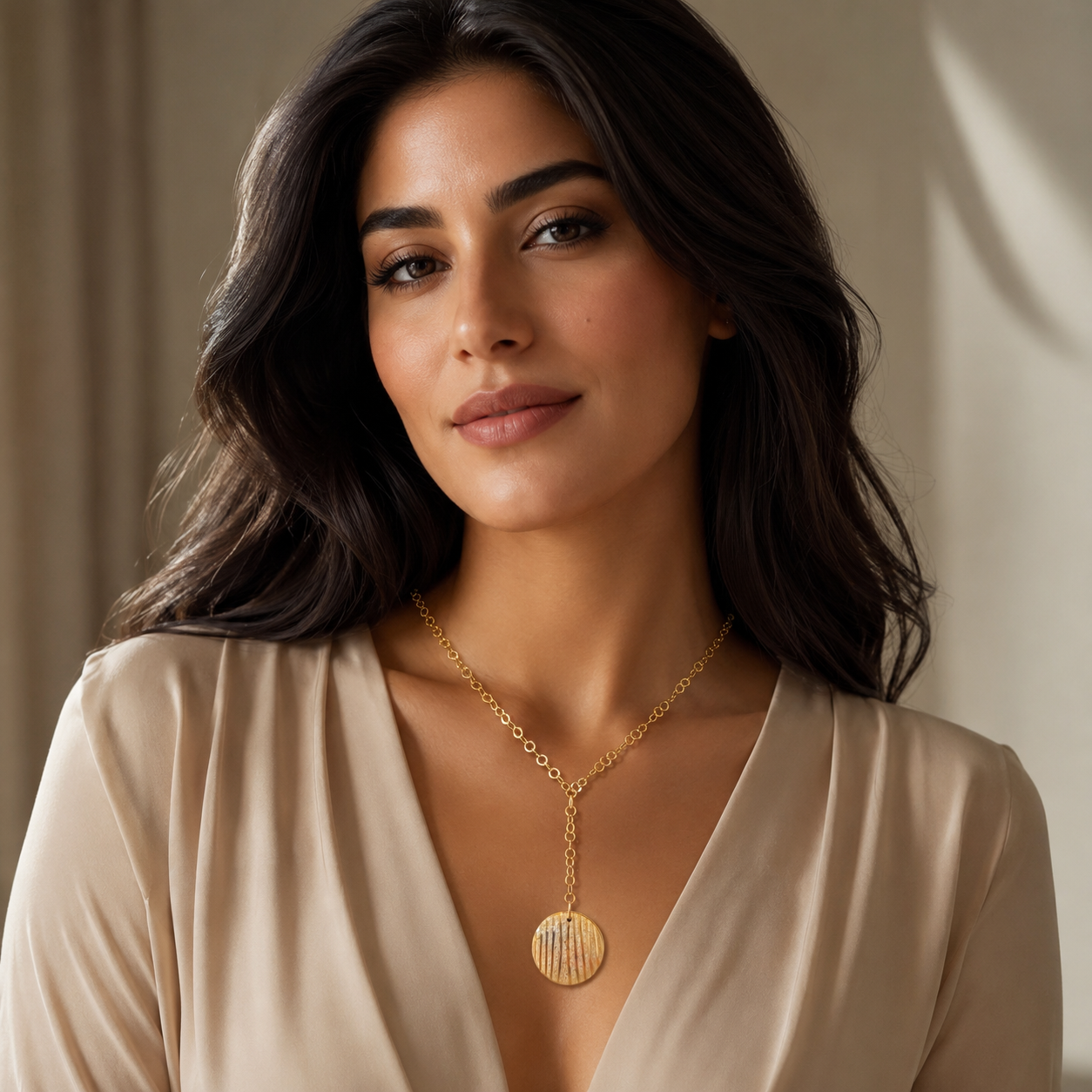 925 Sterling Silver Gold Plated Textured Medallion Y-Necklace