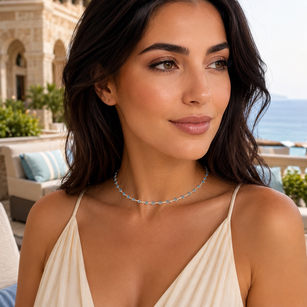 925 Sterling Silver Rose Gold Plated Blue Topaz Station Necklace