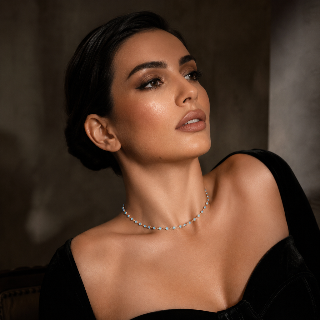 925 Sterling Silver Rose Gold Plated Blue Topaz Station Necklace