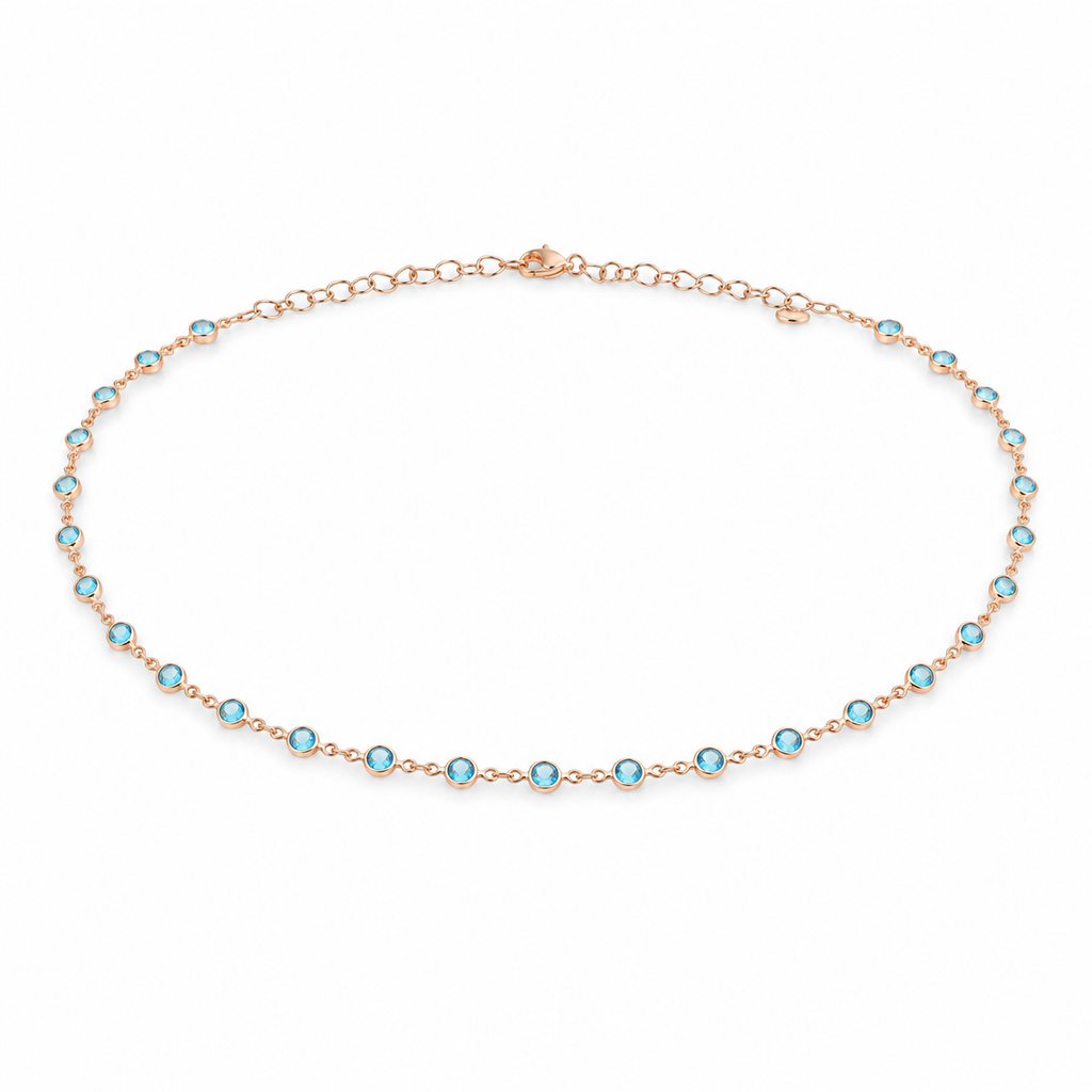 925 Sterling Silver Rose Gold Plated Blue Topaz Station Necklace