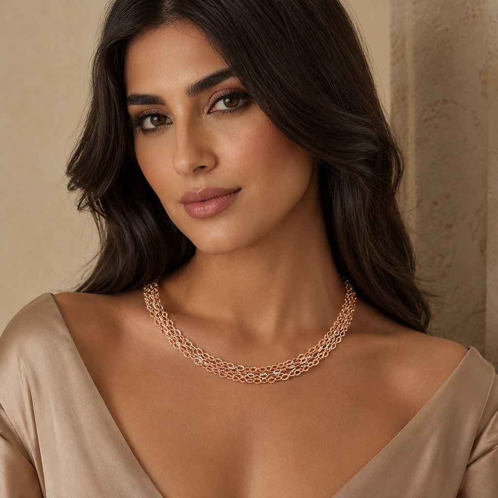 925 Sterling Silver Rose Gold Plated Multi-Strand Woven Chain Necklace