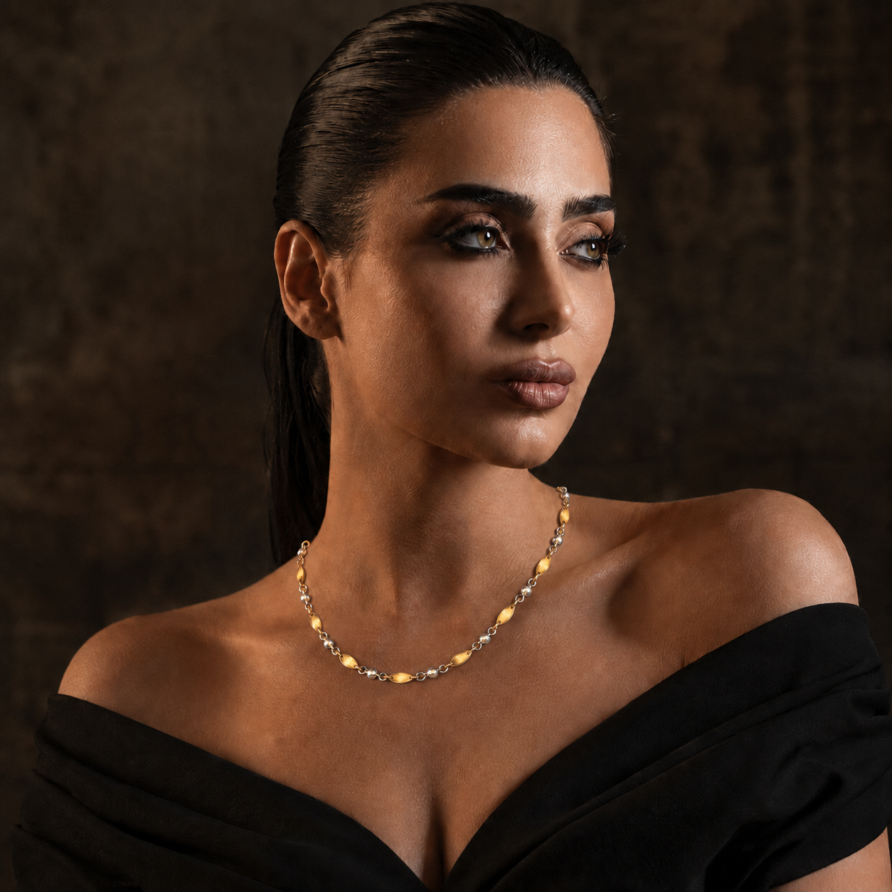 925 sterling Silver Two-Tone Textured Marquise Link Chain Necklace