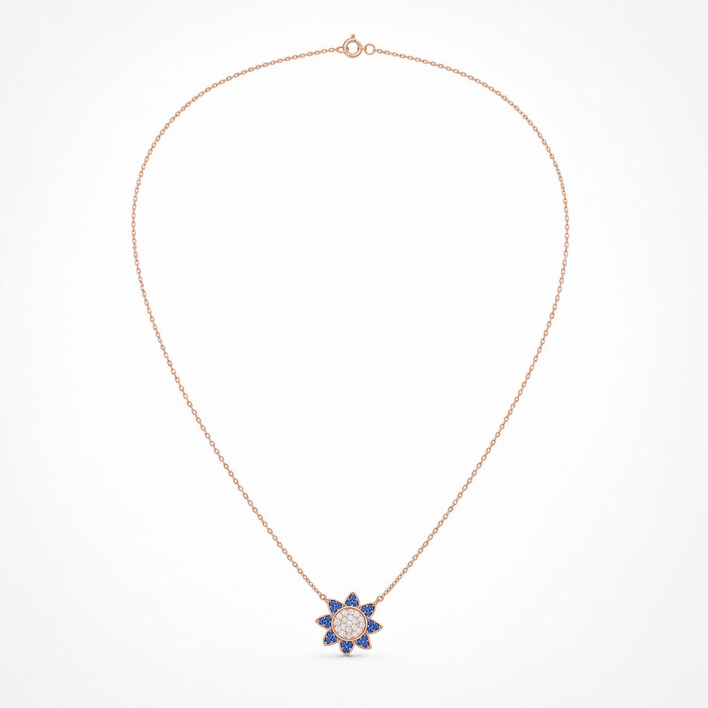 925 Sterling Silver Royal Blue Zircon Floral Charm Necklace