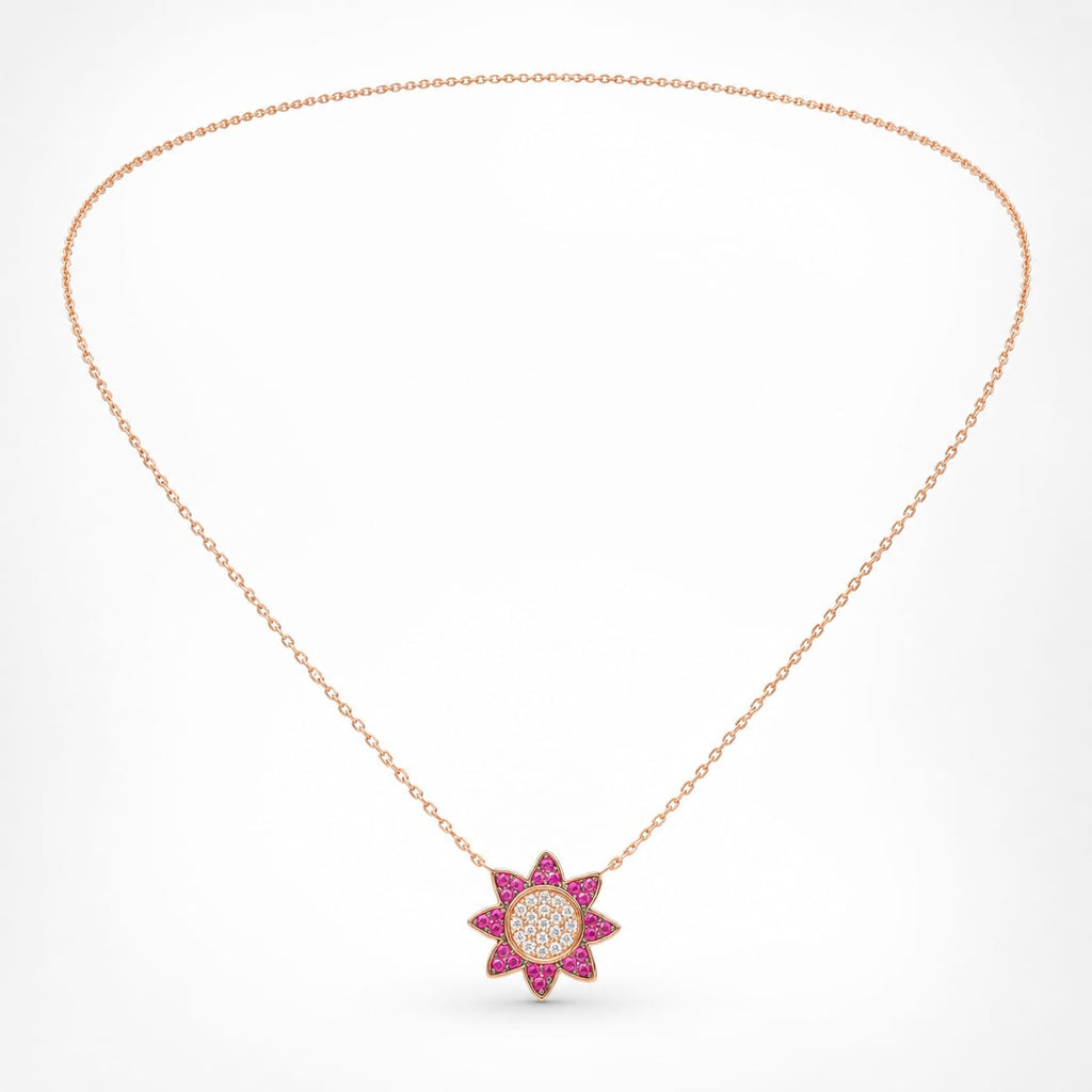 925 sterling silver Rose Gold Plated Sunburst Ruby Color Charm Necklace