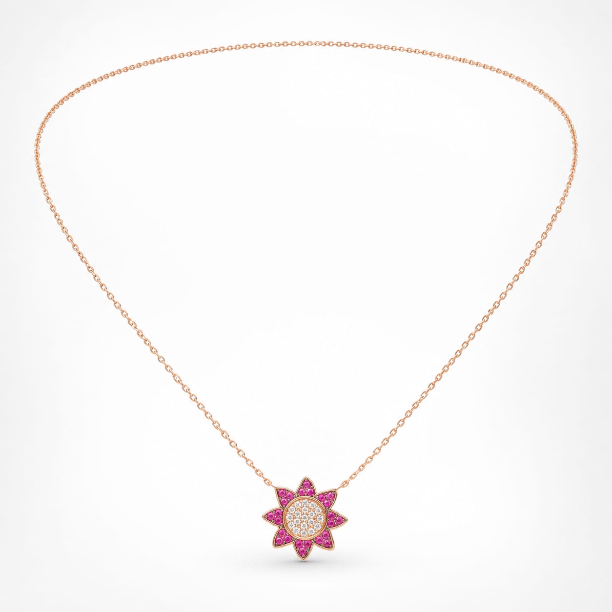925 sterling silver Rose Gold Plated Sunburst Ruby Color Charm Necklace