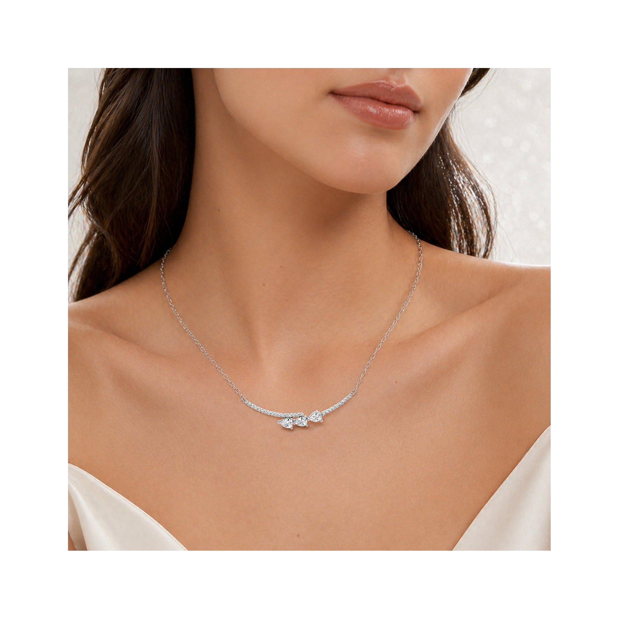 925 Sterling Silver Curved Bar Zircon  Cluster Necklace