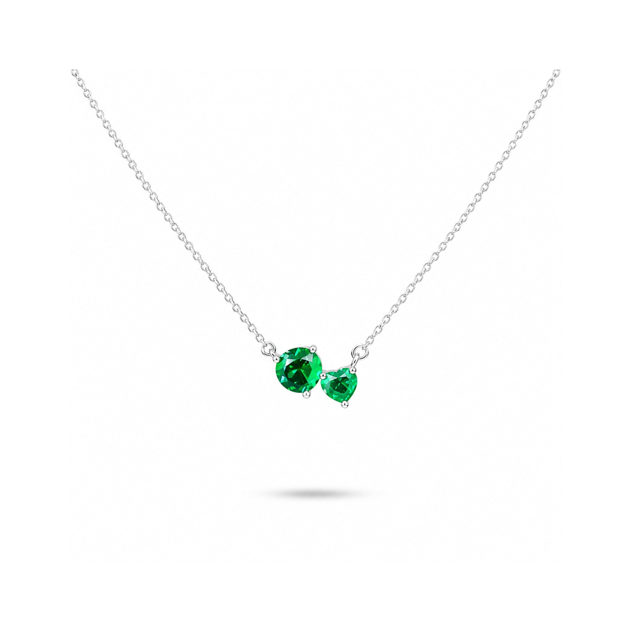 925 Sterling Silver Twin Heart Green Gemstone Chain Necklace