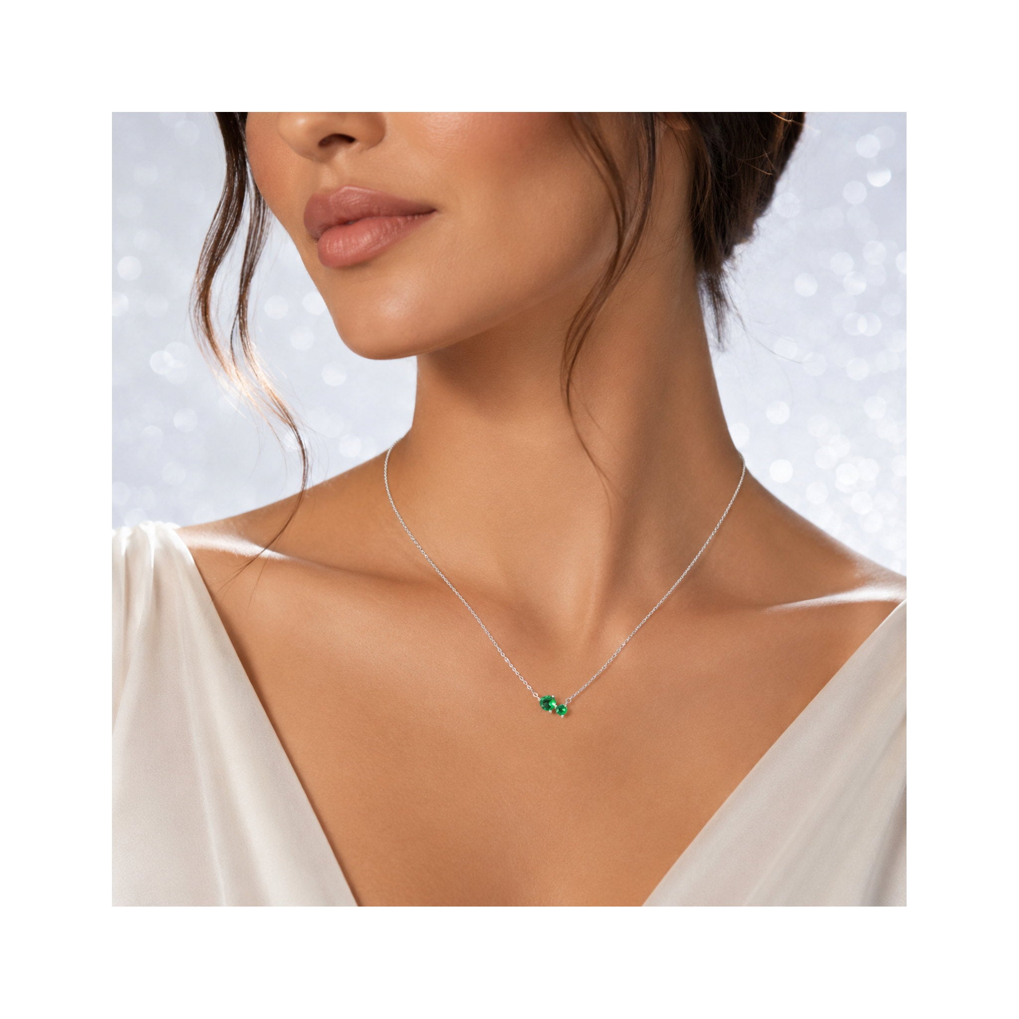 925 Sterling Silver Twin Heart Green Gemstone Chain Necklace