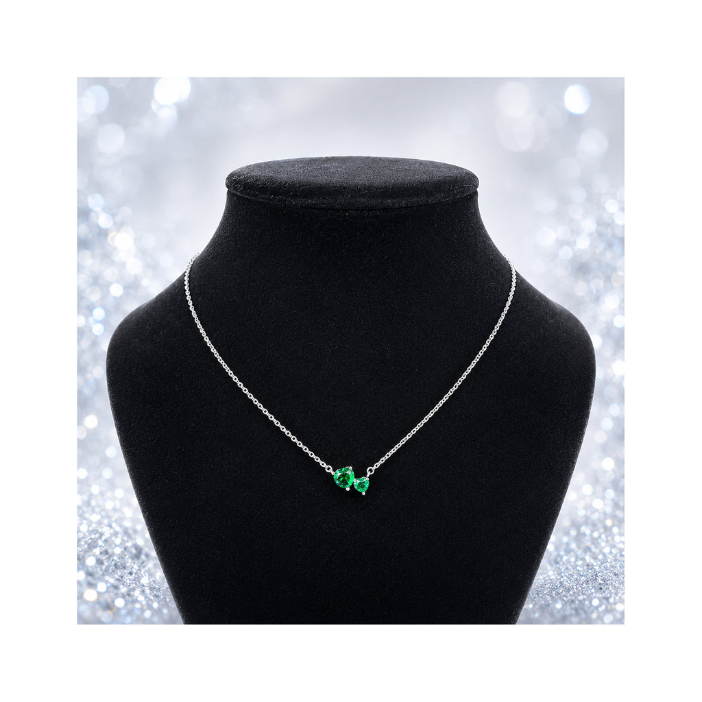 925 Sterling Silver Twin Heart Green Gemstone Chain Necklace