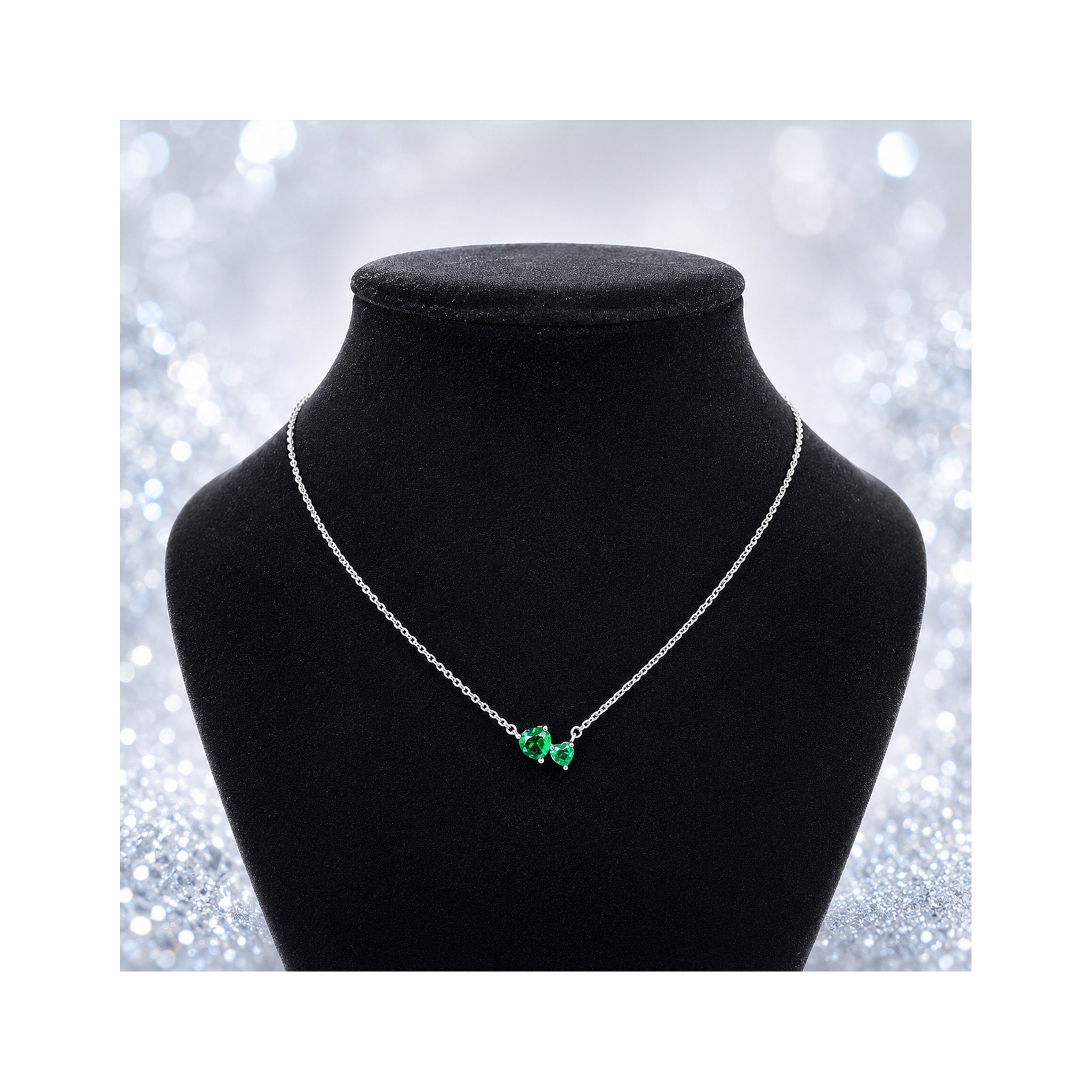 925 Sterling Silver Twin Heart Green Gemstone Chain Necklace